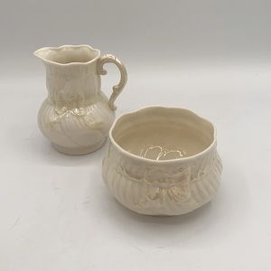 Belleek Yellow Ribbon Luster Open Sugar and Creamer